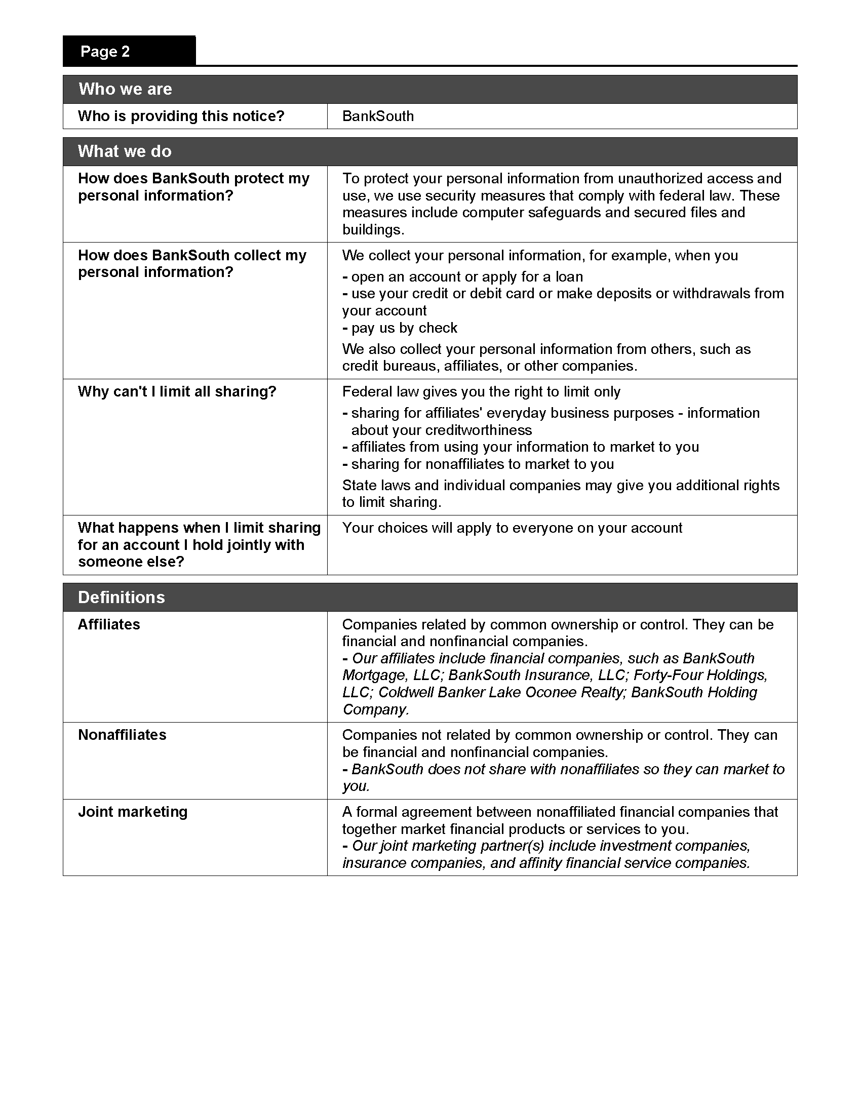 BankSouth Privacy Policy Page 2